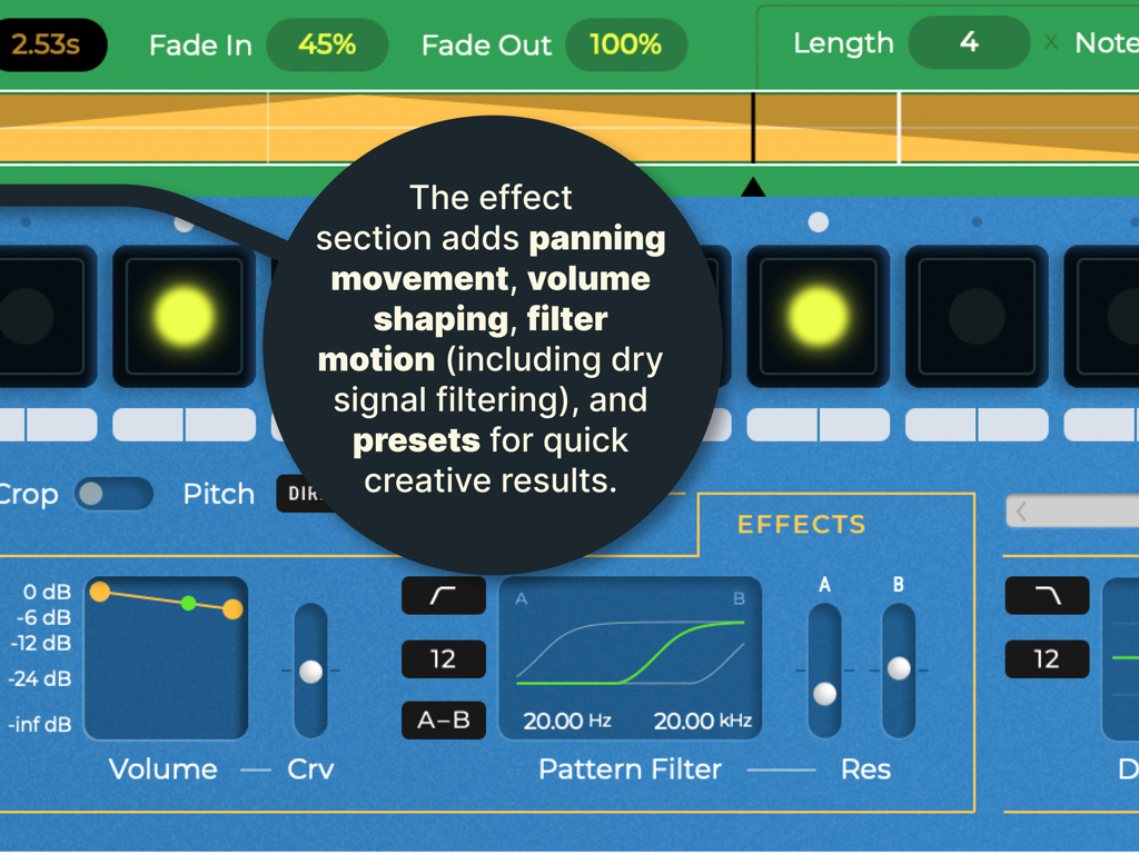 Interface showing the effects section of the Parrot audio repeater app with volume and filter settings