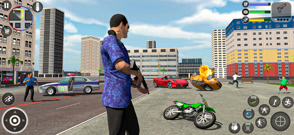 Gangster City Vegas Crime Game - Gameplay open-world che mostra un gangster con una pistola in una città con auto in fiamme e polizia