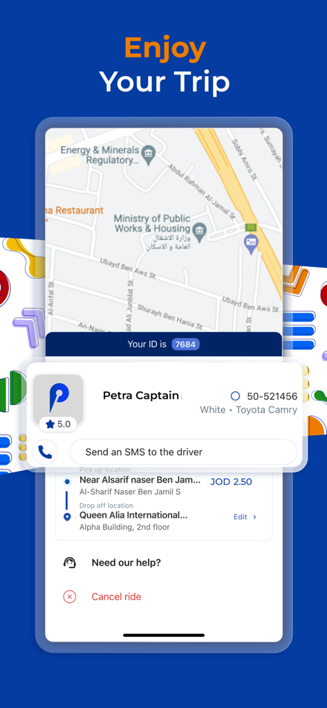Interface de l'application Petra Ride montrant les informations du chauffeur, le coût du trajet et la carte de l'itinéraire