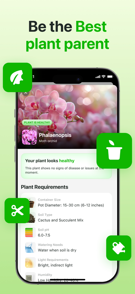 Plant Identifier & Care App - Interfaz de la aplicación Botan que muestra los requisitos de cuidado de la orquídea Phalaenopsis y el estado saludable de la planta