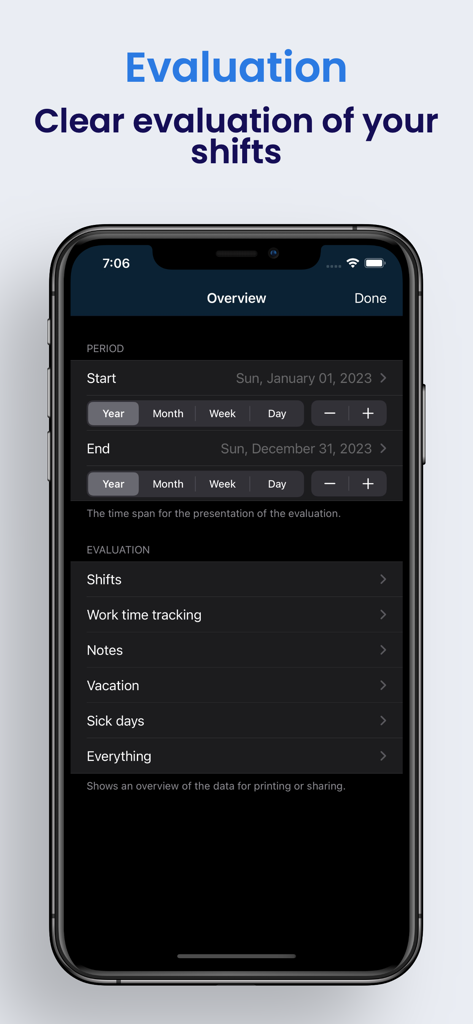 Schichter - Shift calendar - Pantalla de resumen de evaluación para rastrear turnos de trabajo y días de vacaciones.