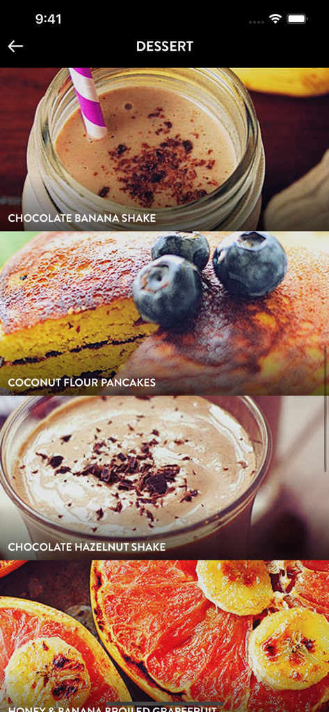 Paleo Plate - Paleo Plate app displaying healthy dessert options like shakes and pancakes