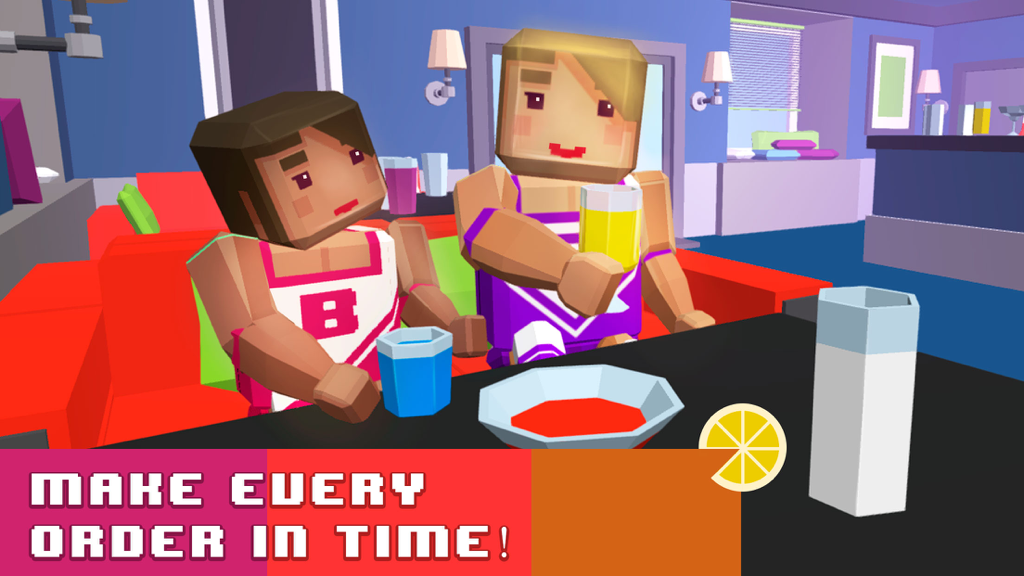 Bartender Simulator: Mix Delicious Drinks - Two pixel art characters at a bar table with drinks and the text make every order in time