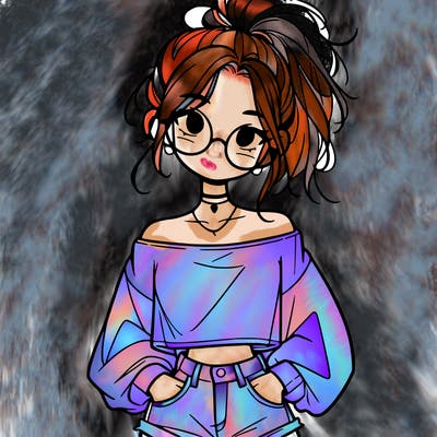 girl with a messy ponytail glasses a baggy crop top and jean shorts