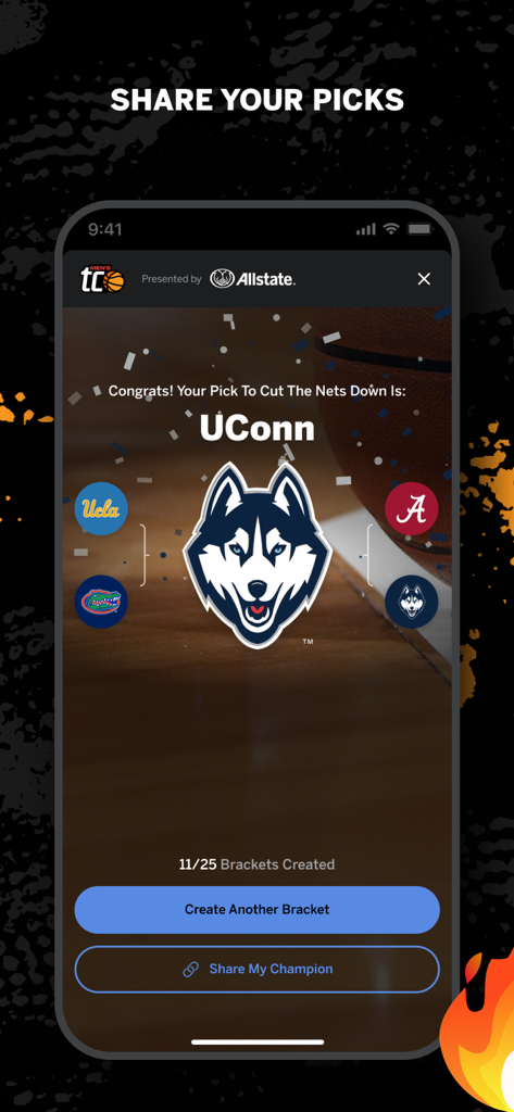 Pantalla de la aplicación ESPN Tournament Challenge que muestra a UConn seleccionado como ganador del campeonato con un botón para compartir la selección.