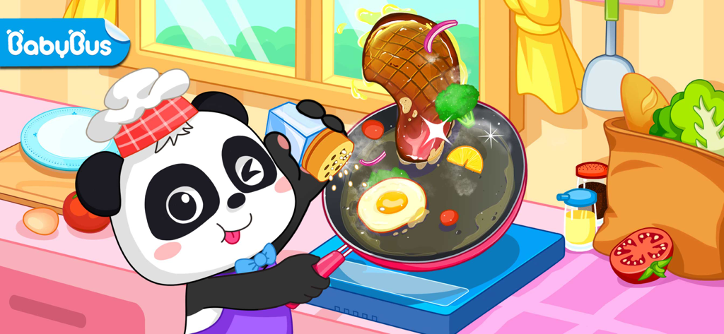 My Panda Chef Kitchen - A cute panda chef stir-frying steak and eggs in a kitchen game.
