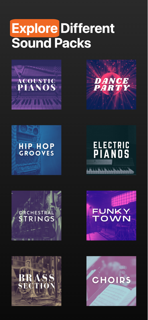 Piano Pro & Drum Music Studio - A variety of sound packs in the Piano Pro app including acoustic pianos and orchestral strings