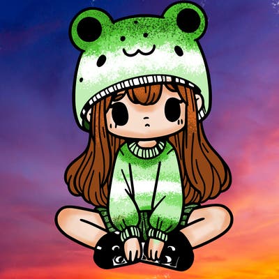a girl wearing a frog hat and some frog socks