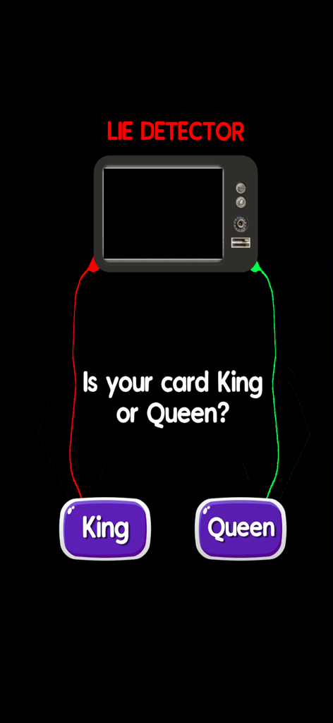 Magic Card Trick - A lie detector interface from the Magic Card Trick app asking if the user's card is a King or a Queen with purple buttons.