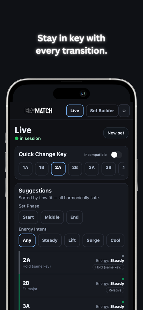 KeyMatch mobile App-Oberfläche, die Live-Harmonik-Mixing-Vorschläge und Energieflusskontrollen für DJs anzeigt.