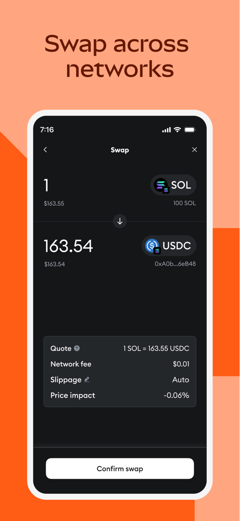 MetaMask mobile app interface showing a token swap between SOL and USDC across networks