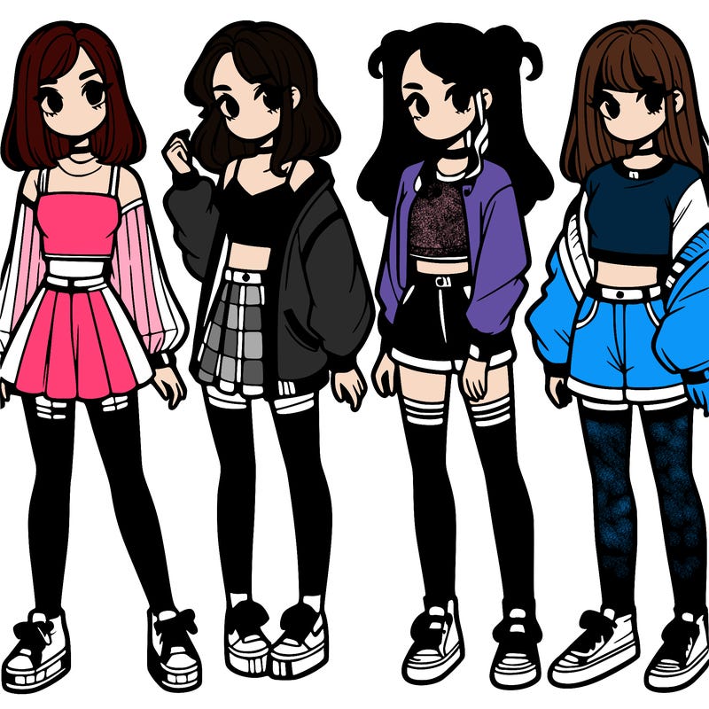 one girl with crop-top shirt and a jacket with a skirt, long socks and another girl with a shirt and pants with a jacket