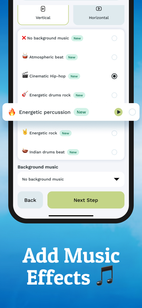 Travel Animator - Travel Video - Interface of Travel Animator app showing background music options and layout settings for travel videos