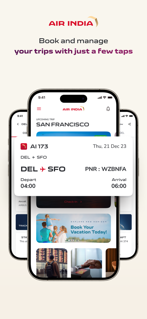 Air India: Book Flight Tickets - Interfaccia dell'app mobile Air India che mostra i dettagli del volo per un viaggio da Delhi a San Francisco.