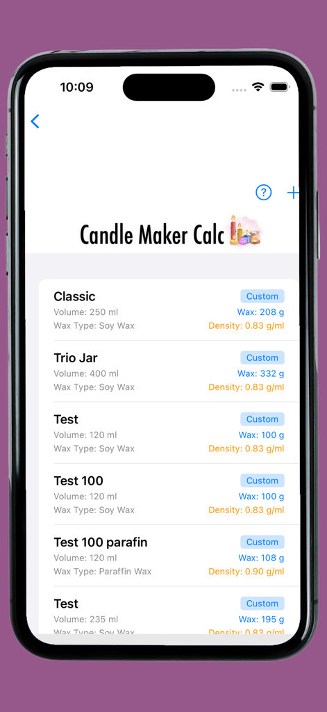 Saved candle making projects list showing wax types and measurements in the app