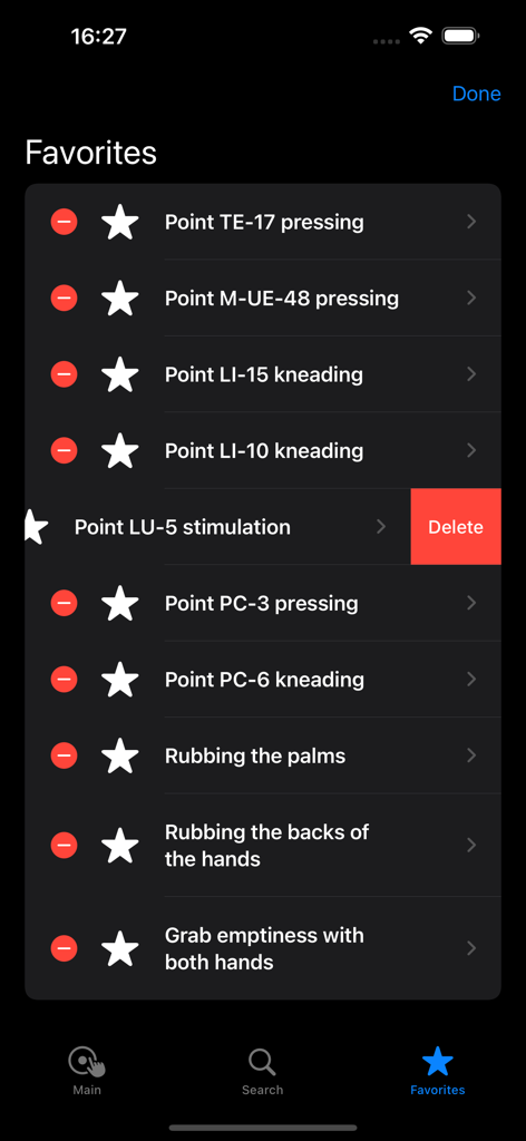 Lista de técnicas favoritas de acupresión y automasaje dentro de la aplicación Masaje de Salud Chino