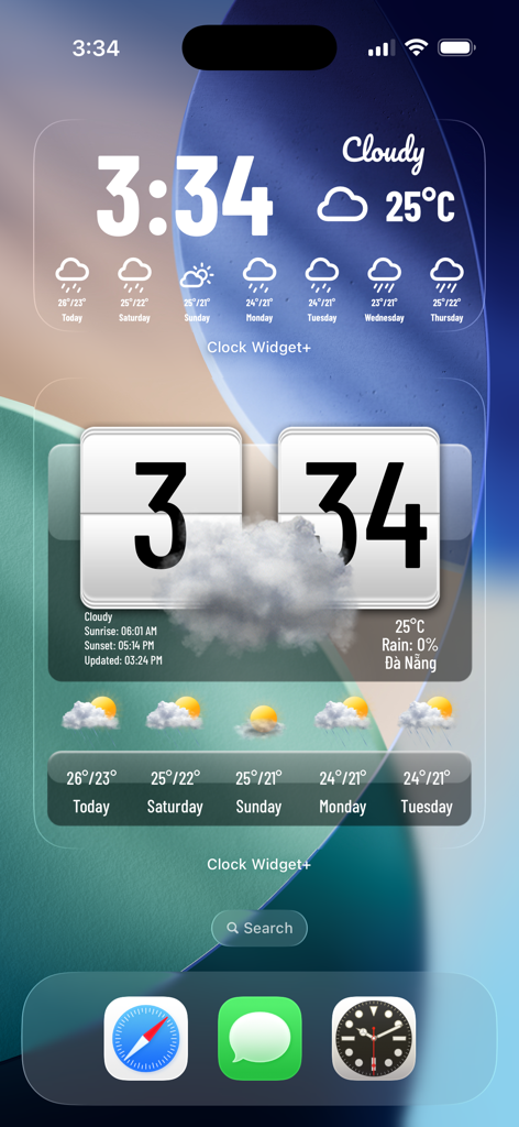 Clock Widget+ - Customizable clock and weather widgets from Clock Widget Plus on an iPhone home screen