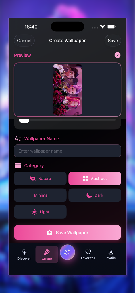 Interfaz de usuario de la aplicación KPop Demon Hunter que muestra la herramienta de creación de fondos de pantalla con categorías y un botón de guardar.