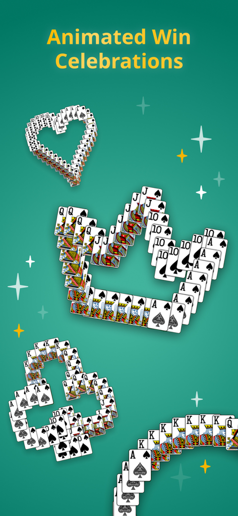 Celebración animada de victoria en Solitaire Klondike Classic con cartas de juego en 3D formando figuras