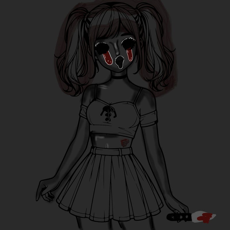 realistic girl in a skirt crop top and pigtails