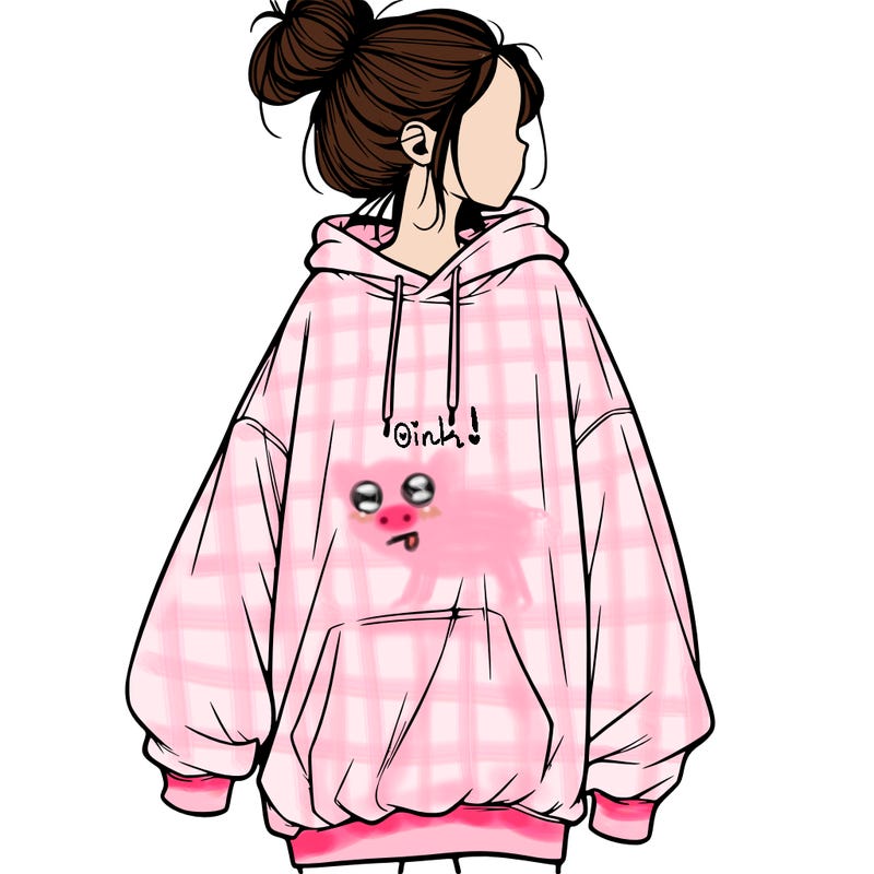 realistic girl with a oversized sweatshirt on and a bun