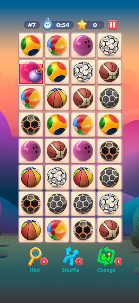 Pair Tiles: Match Puzzle 3-D - Jugabilidad de Pair Tiles Match Puzzle que muestra fichas de bolas en una cuadrícula.