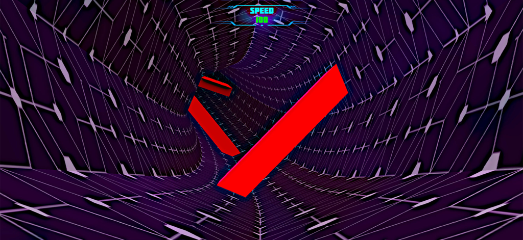 Tunnel Road: Fast Reflex Game - A purple neon grid tunnel with red rectangular obstacles and a speed counter at the top center.