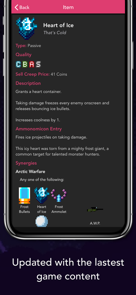 Guide for Enter the Gungeon - Detailed view of the Heart of Ice item stats, description, and synergies in the Guide for Enter the Gungeon app