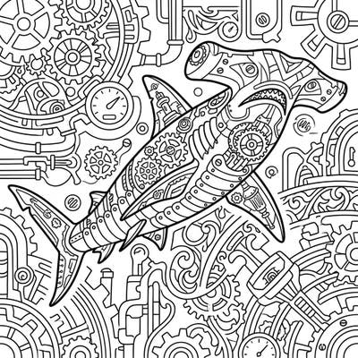 Prepare for an extraordinary coloring experience with this unique Steampunk Hammerhead Shark. This intricate design merges the might of the ocean with fascinating Victorian-era machinery, offering a captivating challenge.