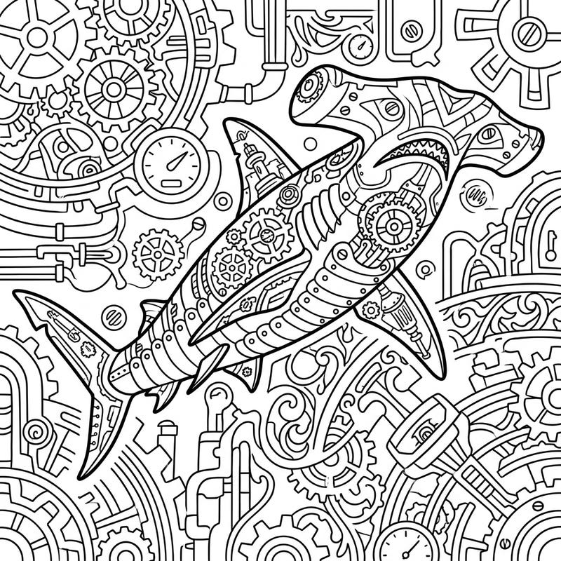 Prepare for an extraordinary coloring experience with this unique Steampunk Hammerhead Shark. This intricate design merges the might of the ocean with fascinating Victorian-era machinery, offering a captivating challenge.