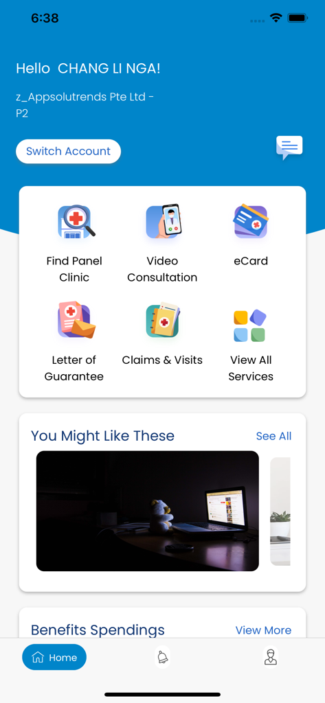 m-Plify - Painel inicial do aplicativo de saúde m-Plify com ícones para localizador de clínicas, consulta por vídeo, eCard e sinistros