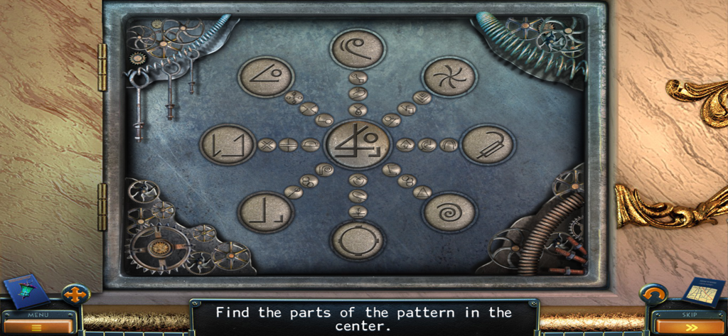 A circular symbol matching mini-game with a steampunk gear aesthetic