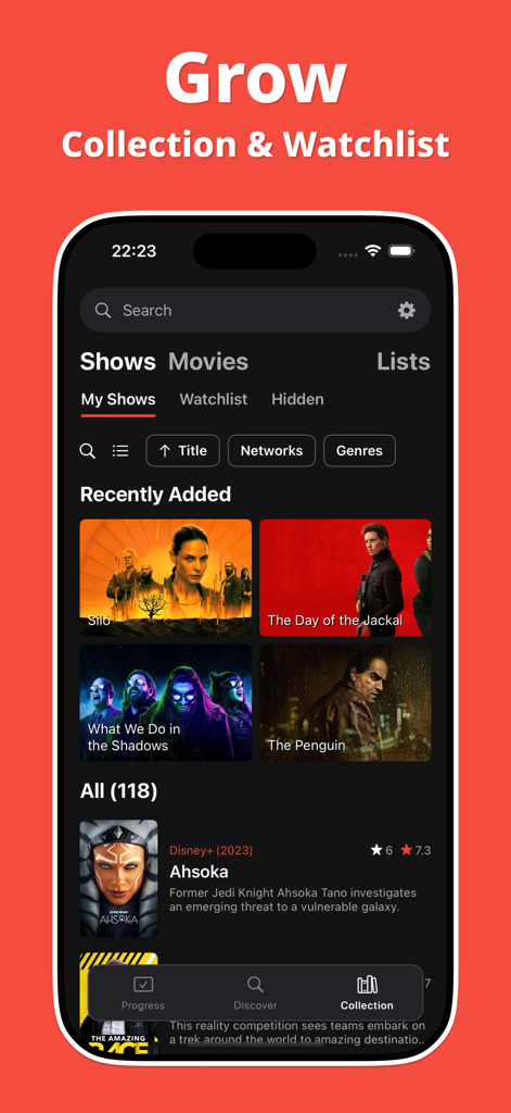 Track Shows & Movies - Showly - Showly app screen showing a collection of tracked TV shows and a watchlist