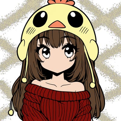 anime girl with chick shaped hat with sweater with bare shoulders with bangs covering them one eye with low tail