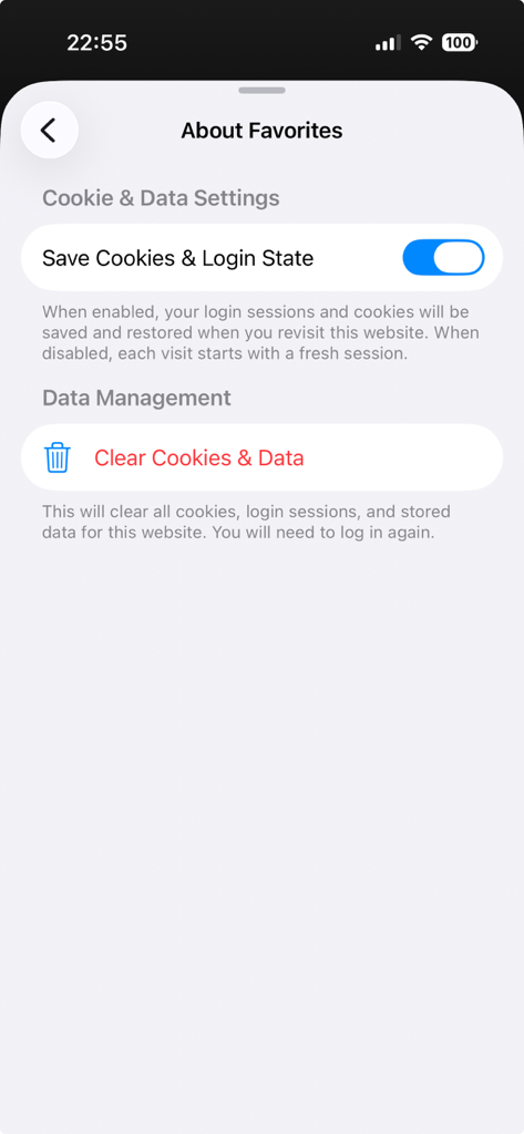 Favorites Private Browser - Cookie and Data Settings screen in the Favorites Private Browser showing options to save login state and clear website data