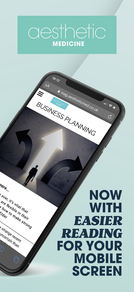 美容医療マガジン（Aesthetic Medicine Magazine）の記事（モバイルデバイスでのビジネスプランニングに最適化）が表示されたスマートフォンの画面