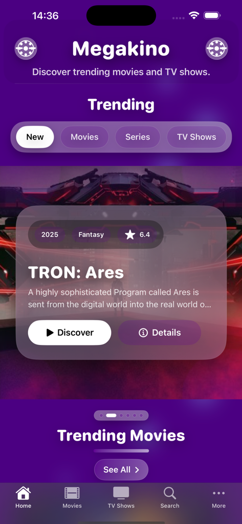 CinesPhere mobile app trending movies screen featuring Tron Ares details