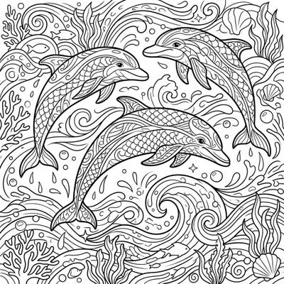 Immerse yourself in the dynamic beauty of leaping dolphins with this detailed coloring page designed for teens. Featuring intricate patterns and a vibrant underwater world, it offers a captivating creative challenge.