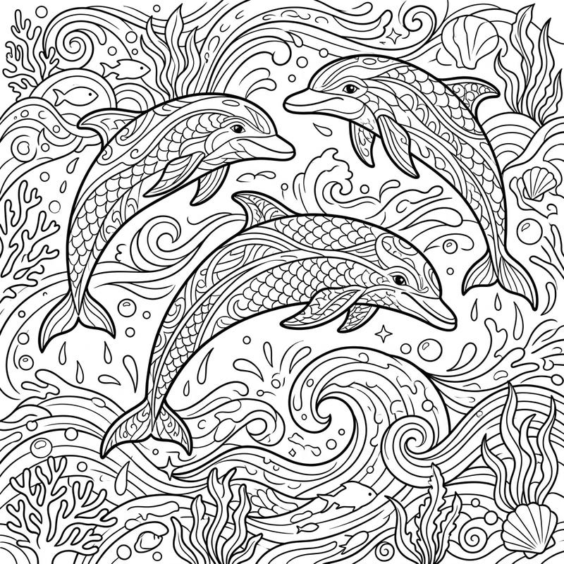 Immerse yourself in the dynamic beauty of leaping dolphins with this detailed coloring page designed for teens. Featuring intricate patterns and a vibrant underwater world, it offers a captivating creative challenge.