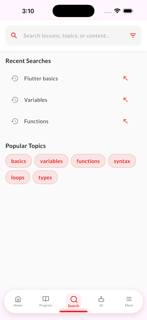 Learn to Code in Scala - AI - Interfaz de búsqueda de lecciones de programación de Scala que muestra búsquedas recientes y temas populares.