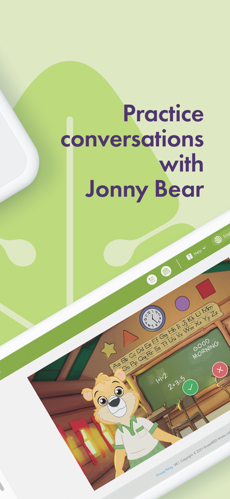 GrapeSEED Student - GrapeSEED Student app interface showing Jonny Bear character for English conversation practice