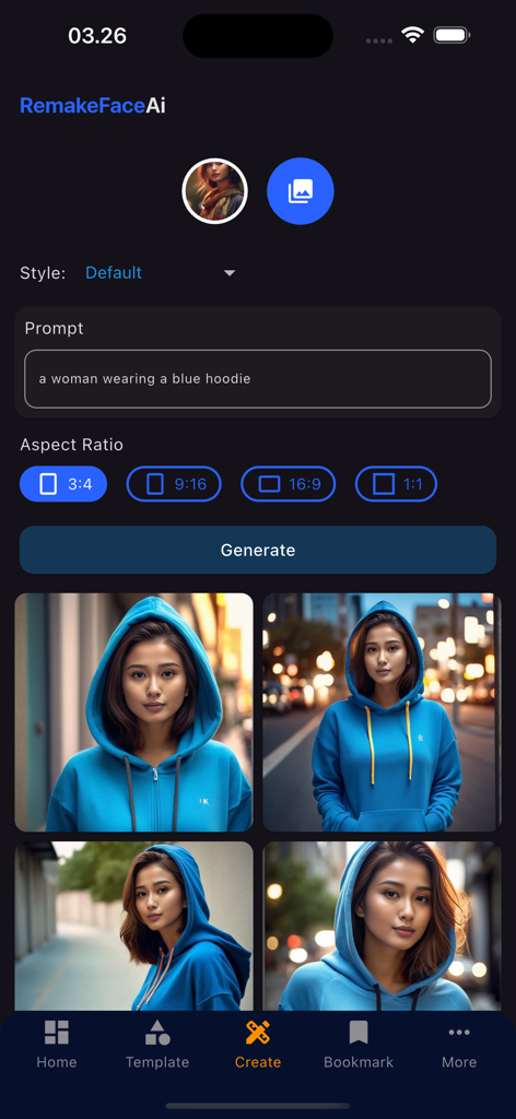 RemakeFace Ai: Face Swap AI - RemakeFace Ai app screen showing AI image generation from a text prompt