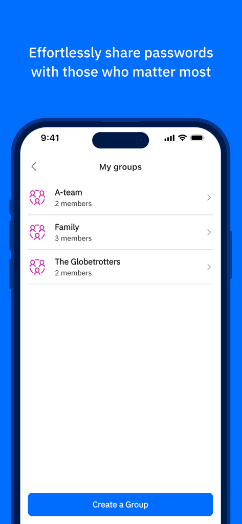 Bitdefender SecurePass - Interfaccia dell'app Bitdefender SecurePass che mostra gruppi di condivisione password gestiti per team familiari e di lavoro