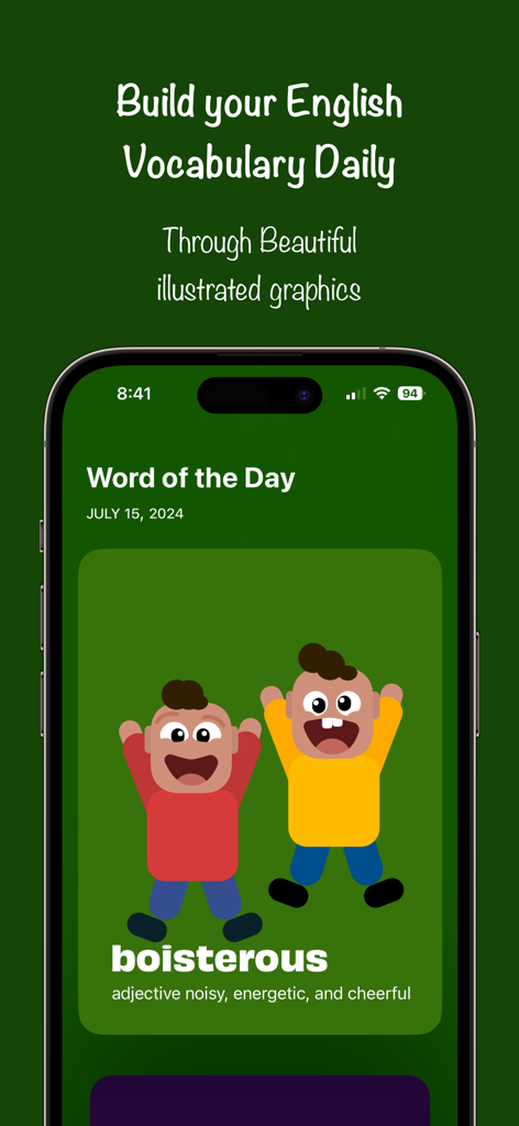 Word of the Day by LookUp - Captura de pantalla de la interfaz de la aplicación Word of the Day que muestra la palabra 'boisterous' con una ilustración.
