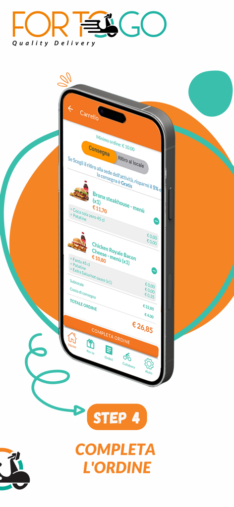ForToGo app checkout screen showing food order items and total price