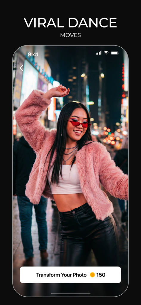Voria: AI Video & Photo - A woman in a pink fur coat posing for a viral dance video transformation in the Voria AI app.