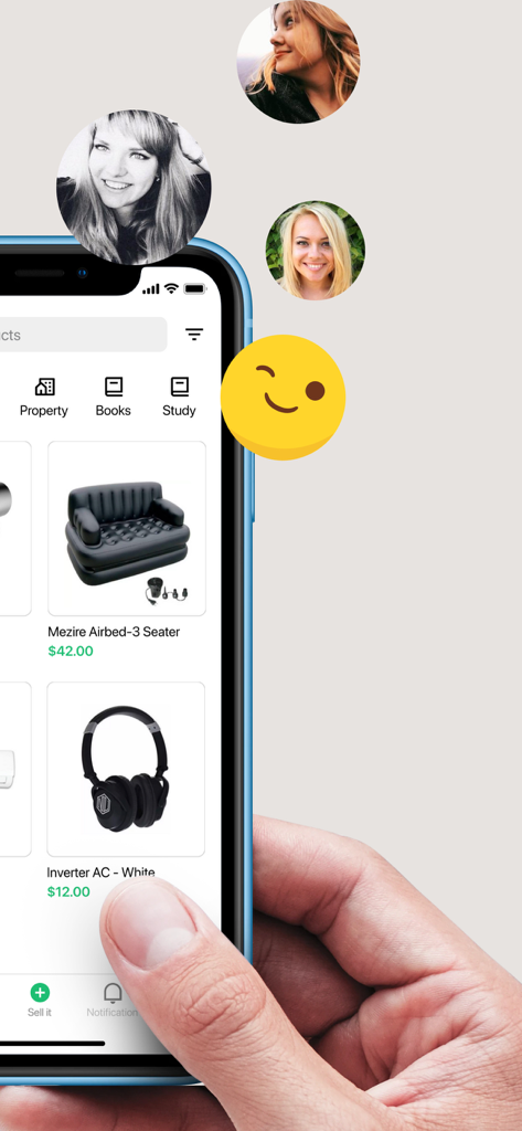 Smartphone affichant une application de marché local avec des annonces pour un matelas pneumatique et des écouteurs à côté d'icônes de profil utilisateur.