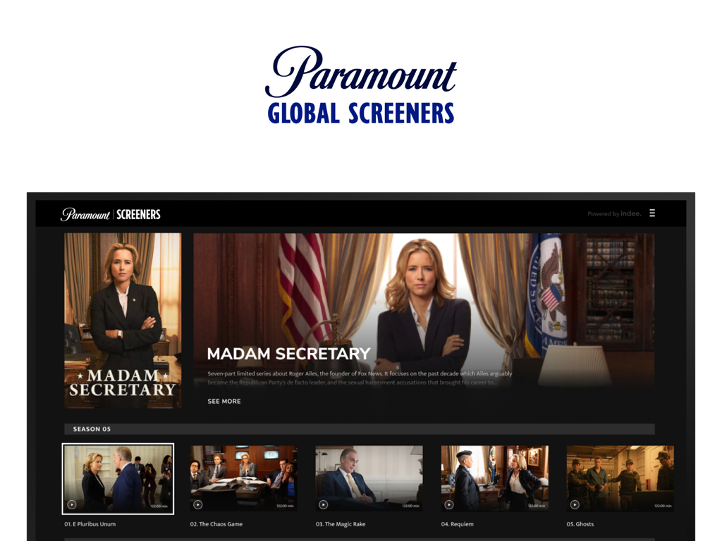 Paramount Global SCREENERS - Paramount Global Screeners app interface showing Madam Secretary series and episode list
