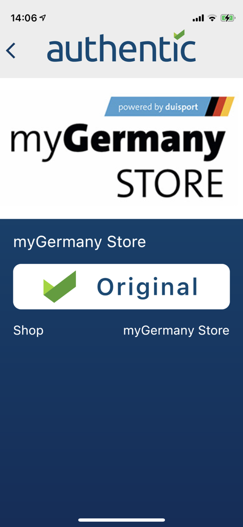 authentic.app - myGermany Store 제품에 대한 녹색 체크 표시와 함께 검증된 정품 상태를 보여주는 authentic 앱 인터페이스