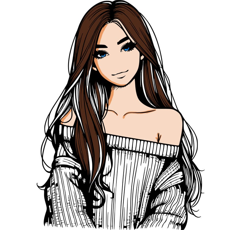 realistic girl with long hair wearing an off the shoulder sweater